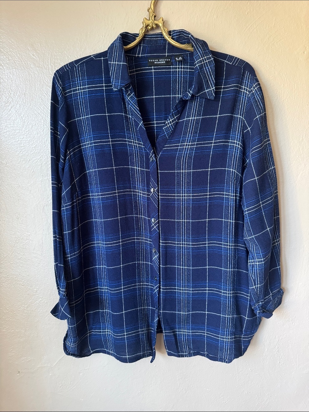 Susan Graver Weekend Woven Cotton Button up Blouse Size Large Petite